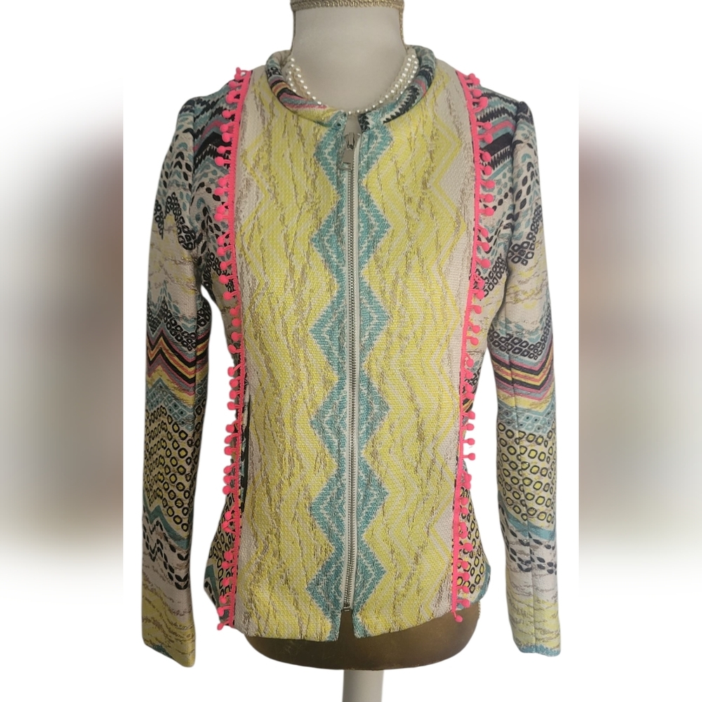 Molly Bracken Multicolored Aztec Pattern Tweed Zip Front Blazer Rare Design